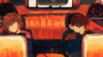  1boy 1girl alternate_costume blue_eyes brown_hair car_interior edogawa_conan haibara_ai hand_on_own_face highres meitantei_conan segami short_hair sitting sunset sweater unworn_eyewear 