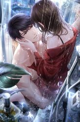  1boy 1girl bare_shoulders bathroom black_hair bottle brown_hair couple hand_on_another's_face hetero highres indoors li_zeyan long_hair long_sleeves looking_at_another love_and_producer mixed-sex_bathing non-web_source off_shoulder official_art parted_lips plant protagonist_(love_and_producer) rain red_shirt shared_bathing shirt short_hair shower_(place) shower_head showering soap_bottle tiles topless_male underwear violet_eyes water water_drop wet wet_clothes wet_hair window 