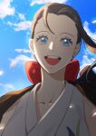  1girl black_hair blue_eyes close-up collarbone commentary eyelashes looking_to_the_side nico_robin one_piece petals ponytail raine_(acke2445) red_ribbon ribbon single_sidelock sky smile solo teeth upper_body upper_teeth_only 