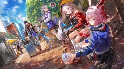  1boy 6+girls animal_ears black_hair black_shirt black_skirt blade_(honkai:_star_rail) blue_jacket blue_skirt blue_sky bubble_tea commentary cup denim disposable_cup drill_hair evanescia_(honkai:_star_rail) firefly_(honkai:_star_rail) fox_ears fox_girl grape_(grapedraws) grey_hair highres holding holding_cup holding_phone honkai:_star_rail honkai_(series) jacket jeans kafka_(honkai:_star_rail) long_hair march_7th_(honkai:_star_rail) multiple_girls outdoors pants pantyhose phone pink_hair red_hood rolling_suitcase selfie shirt short_hair silver_wolf_(honkai:_star_rail) silver_wolf_(lv.999)_(honkai:_star_rail) skirt sky sparkle_(honkai:_star_rail) sparxie_(honkai:_star_rail) stellaron_hunters_(honkai:_star_rail) stelle_(honkai:_star_rail) suitcase torn_clothes torn_pantyhose trailblazer_(honkai:_star_rail) tree twintails very_long_hair white_hair white_jacket 