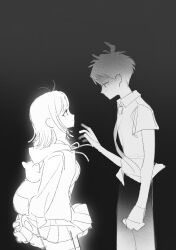  1boy 1girl ahoge animal_bag arms_behind_back cat_bag commentary_request danganronpa_(series) danganronpa_2:_goodbye_despair eye_contact from_side gradient_background greyscale hand_up highres hinata_hajime hood hood_down jacket long_sleeves looking_at_another medium_hair monochrome nanami_chiaki neck_ribbon necktie pants pleated_skirt ribbon short_hair short_sleeves skirt smile yuni_(yuheyii) 