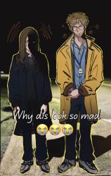  1boy 1girl commentary crying_emoji emoji english_commentary eva_stratt eyes_in_shadow face_in_shadow highres meme mm_mako22 night photo_background project_hail_mary ryland_grace shaded_face side-by-side sidewalk why_dis_ninja_look_so_mad_(meme) 