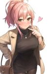  1girl absurdres b1ack_illust bag black_sweater blush breasts brown_coat coat hair_between_eyes handbag highres idolmaster idolmaster_cinderella_girls jewelry jougasaki_mika looking_at_viewer medium_breasts pink_hair ponytail smile solo sweater turtleneck turtleneck_sweater v yellow_eyes 