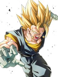  1boy absurdres artjohnny1020 blonde_hair blue_pants blue_sash blue_shirt commentary_request cowboy_shot dragon_ball dragon_ball_z earrings green_eyes highres jewelry male_focus muscular muscular_male open_mouth orange_shirt pants potara_earrings sash shirt simple_background solo spiky_hair super_saiyan super_saiyan_1 vegetto white_background 
