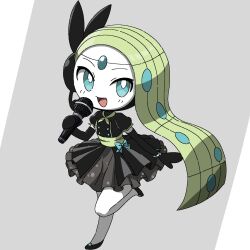  1girl :d aqua_bow aqua_eyes black_dress black_gloves black_shoes border bow bright_pupils clothed_pokemon colored_skin dress forehead_jewel full_body gloves green_hair green_neckerchief green_sash grey_background highres holding holding_microphone long_hair looking_at_viewer meloetta meloetta_(aria) meloettachuuuuu microphone neckerchief open_mouth pokemon pokemon_(creature) puffy_short_sleeves puffy_sleeves sash shoes short_sleeves simple_background smile solo standing tutu white_border white_pupils white_skin 