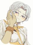  2boys absurdres blush brothers closed_mouth dark_souls_(series) dark_souls_i dark_souls_iii dark_sun_gwyndolin gold_necklace grey_hair hand_on_another&#039;s_cheek hand_on_another&#039;s_face highres jewelry multiple_boys nameless_king necklace otoko_no_ko parted_bangs short_hair siblings simple_background smile solo_focus upper_body violet_eyes white_background zunkome 