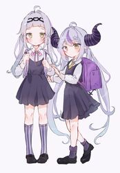  2girls ahoge aosachi backpack bag black_footwear black_horns braid braided_bangs commentary_request grey_hair highres hololive horns la+_darknesss multicolored_hair multiple_girls murasaki_shion pointy_ears purple_hair school_uniform socks streaked_hair striped striped_horns striped_socks twintails yellow_eyes 