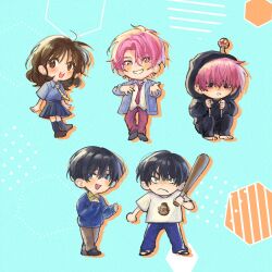  >:( 1girl 2boys :d aqua_background barefoot baseball_bat black_eyes black_hair black_hoodie black_pants black_sandals black_shoes blazer blue_eyes blue_jacket blue_pants blue_shirt blue_skirt blue_socks blue_sweater brown_eyes brown_hair brown_pants brown_shoes collared_shirt commentary drawstring drawstring_pull drop_shadow earrings english_commentary fukuhara_tamon green_shirt grey_eyes hair_between_eyes hand_on_own_chest hexagon highres holding holding_baseball_bat hood hood_up hoodie jacket jewelry kinoshita_utage kneehighs light_blush medium_hair medium_skirt mole mole_under_eye multiple_boys multiple_expressions multiple_views mushroom_on_head necktie open_clothes open_hand open_jacket pants parted_bangs pink_hair pink_necktie pink_pants print_shirt sakaguchi_ouri sandals shirt shirt_tucked_in shirt_under_sweater shoes short_hair shouttie skirt slides smile socks striped_clothes striped_necktie sweater t-shirt tamon-kun_ima_docchi track_pants unbuttoned_jacket v-shaped_eyebrows white_shirt yellow_necktie 