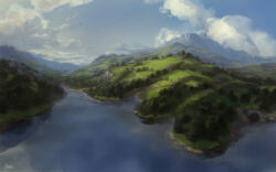  absurdres blue_sky clouds commentary day english_commentary gradient_sky highres hill island lake landscape mountain no_humans original outdoors painterly painting_(medium) philipp_urlich river scenery signature sky traditional_media tree water white_sky 