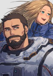  1boy 1girl :d aqua_eyes artist_name averting_eyes beard blonde_hair blue_coat brown_hair closed_mouth coat commentary diana_(pragmata) facial_hair full_beard grey_background grey_eyes highres hugh_williams long_hair looking_to_the_side open_mouth padded_coat pragmata puffy_coat rovrov short_hair simple_background smile spacesuit teeth upper_body upper_teeth_only 