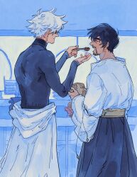  2boys absurdres black_hair black_shirt bodysuit closed_eyes facial_hair feeding food highres holding holding_spoon indoors long_sleeves looking_at_another male_focus multiple_boys olruggio_(tongari_boushi_no_atelier) open_mouth pawschamp qifrey_(tongari_boushi_no_atelier) shirt short_hair smile spoon standing sunglasses table tongari_boushi_no_atelier turtleneck white_hair white_shirt wide_sleeves 