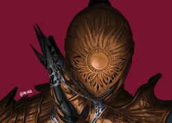  1boy absurdres armor dark_skin elden_ring elden_ring_nightreign english_commentary executor_(elden_ring) fake_claws gauntlets gold_armor helmet highres iiimp jewelry ornate_armor palms_together red_background simple_background smile teeth twitter_username youtube_video_thumbnail 