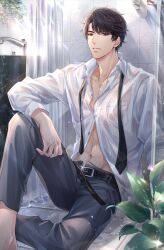  1boy abs bathroom bathtub belt black_belt black_hair black_necktie dress_shirt grey_pants highres indoors li_zeyan long_sleeves looking_at_viewer love_and_producer male_focus navel necktie non-web_source official_art pants plant see-through_clothes shirt short_hair sitting solo tiles undone_necktie water wet wet_clothes wet_shirt white_shirt 