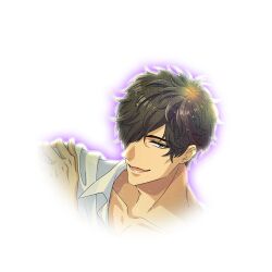  1boy black_eyes brown_hair collarbone collared_shirt hair_over_one_eye hand_on_own_shoulder lagoon_(yumekuro) looking_at_viewer male_focus mature_male non-web_source official_art open_mouth outline portrait shirt smile solo tear_troughs teeth transparent_background upper_body white_shirt yume_shokuin_to_wasureji_no_kuroi_yousei 