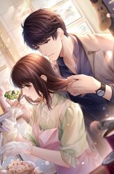  1boy 1girl apron black_hair blue_eyes blue_shirt blurry brown_eyes brown_hair brown_jacket collared_shirt dutch_angle food gloves green_shirt hetero highres holding holding_another's_hair indoors jacket jewelry kitchen li_zeyan long_hair long_sleeves looking_at_another love_and_producer necklace non-web_source official_art parted_lips pastry_bag pink_apron protagonist_(love_and_producer) shirt short_hair short_sleeves smile tile_wall tiles watch watch white_gloves 