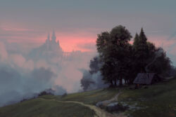  castle chimney clouds cloudy_sky commentary dirt_road english_commentary flower fog gradient_sky grass grey_sky highres hill house landscape no_humans original outdoors painterly painting_(medium) philipp_urlich red_sky road rock scenery signature sky smoke traditional_media tree yellow_flower 