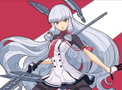  1girl :o boushi-ya breasts commentary floating_headgear gloves grey_hair hair_ribbon headgear holding holding_polearm holding_weapon kantai_collection long_hair looking_at_viewer medium_breasts murakumo_(kancolle) murakumo_kai_ni_(kancolle) necktie open_mouth orange_eyes pantyhose polearm red_necktie ribbon sidelocks solo spear thighband_pantyhose tress_ribbon undershirt very_long_hair weapon 