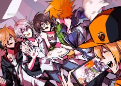  2girls 3boys @_(symbol) artist_name bito_daisukenojo bito_raimu black_hair black_hat black_hoodie black_pants blonde_hair blue_pants blush bone bone_print breast_pocket buttons cake cellphone cellphone_photo chain chain_necklace clenched_hand closed_eyes coat collarbone collared_coat collared_shirt commentary_request cream crown denim eme_(204) food glasses grabbing_another's_arm green_eyes green_sweater grey_coat grey_hair grey_hoodie hair_between_eyes hand_up happy hat hat_ornament headphones highres holding holding_cake holding_food holding_phone holding_plate hood hooded_coat hoodie jacket jeans jewelry kiryu_yoshiya medium_hair messy_hair misaki_shiki multicolored_hat multicolored_hoodie multiple_boys multiple_girls necklace nervous nervous_sweating one_eye_covered open_collar open_mouth orange_hair orange_hat orange_hoodie palms pants phone pin plaid_clothes plaid_coat plate pocket pointy_hair purple_shirt red_hoodie sakuraba_neku shin_subarashiki_kono_sekai shirt short_hair short_sleeves smartphone subarashiki_kono_sekai sweat sweatdrop sweater teeth tongue twitter_username upper_teeth_only violet_eyes white_shirt wristband 