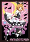  1girl absurdres alternate_costume black_dress breasts cardcaptor_sakura character_doll crescent demon_tail dress frilled_dress frills green_eyes hair_ornament halloween happy_halloween highres kinomoto_sakura kuromi looking_at_viewer onegai_my_melody open_mouth orange_hair puffy_short_sleeves puffy_sleeves sanrio short_hair short_sleeves skull_hair_ornament small_breasts smile striped striped_thighhighs sweetnarumy tail thigh-highs two-tone_dress white_dress 