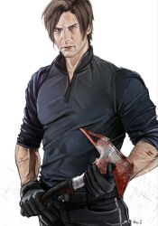  1boy axe black_gloves blood blood_on_weapon blue_shirt brown_hair chest_holster collared_shirt cowboy_shot cumvarlot gloves hatchet_(axe) highres holding holding_axe leon_s._kennedy looking_at_viewer male_focus mature_male muscular muscular_male narrowed_eyes resident_evil resident_evil_requiem shirt short_hair sleeves_rolled_up solo weapon 