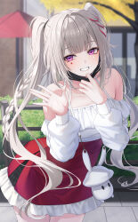  1girl absurdres alternate_costume bag bare_shoulders casual commentary_request hand_up hands_up highres honkai:_star_rail honkai_(series) long_hair long_sleeves looking_at_viewer red_skirt sakuno_(sksk_sakuno) shirt skirt smile solo sparkle_(honkai:_star_rail) sparxie_(honkai:_star_rail) standing twintails very_long_hair white_bag white_hair white_shirt 