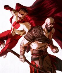  2boys bald beard bodypaint bodysuit braid braided_beard facial_hair full_beard god_of_war god_of_war_ragnarok gramnel highres invincible_(series) kratos_(god_of_war) male_focus mature_male multicolored_bodysuit multiple_boys mustache omni-man superhero_costume two-tone_bodysuit 
