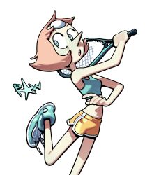  1girl :o alternate_costume blue_eyes casual discount-supervillain forehead_jewel gem gem_(steven_universe) holding navel open_mouth pale_skin pearl_(gemstone) pearl_(steven_universe) pointy_nose racket shoes short_hair shorts sneakers solo sports_bra standing standing_on_one_leg steven_universe tennis_racket toon_(style) 