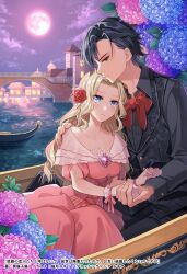  1boy 1girl black_hair black_vest blonde_hair blue_eyes blue_flower boat bow breasts bridge building canal closed_mouth clouds collarbone collared_shirt commentary_request copyright_request dress dress_shirt flower forehead full_moon gloves grey_eyes grey_pants grey_shirt hair_flower hair_ornament hand_on_another's_shoulder highres hydrangea long_hair medium_breasts moon nekozuki_yuki night official_art outdoors pants parted_bangs pink_dress pink_moon purple_flower railing red_bow red_flower shirt sitting smile very_long_hair vest water watercraft white_gloves window 