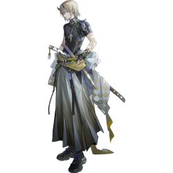  1boy arknights bandaid bandaid_on_arm black_gloves black_shirt brown_hair closed_mouth clothes_down compression_shirt expressionless fingerless_gloves full_body gloves highres horns kang_yiqian_(self_cultivation) katana looking_at_viewer official_art sheath sheathed shirt short_sleeves skin-covered_horns skirt solo sword tachi-e tetsuya_sorimachi_(arknights) third-party_source transparent_background weapon 