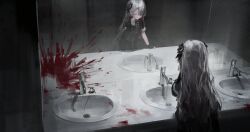  1girl absurdres black_flower blood blood_on_face blood_on_mirror commentary english_commentary faucet flower grey_eyes grey_hair hair_flower hair_ornament hair_over_one_eye highres indoors isekaijoucho kamitsubaki_studio long_hair looking_at_reflection mirror mokacoat public_restroom reflection sink solo tile_wall tiles washing_face 