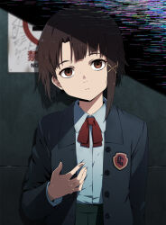  1girl black_jacket brown_eyes brown_hair commentary expressionless glitch highres iwakura_lain jacket looking_at_viewer necono_(nekonosora1207) red_ribbon ribbon serial_experiments_lain shirt short_hair solo upper_body white_shirt 