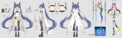  1girl absurdres ahoge armlet ass asymmetrical_legwear bare_shoulders belt black_boots black_gloves black_socks blue_eyes boots breasts brown_thighhighs cape commentary concept_art dual_wielding expressionless gloves hair_ribbon highres holding holding_sword holding_weapon huge_ahoge jewelry long_hair microskirt mismatched_legwear multicolored_hair multiple_views nabezuru navel original ribbon skirt small_breasts socks spiked_armlet streaked_hair sword thigh-highs twintails under_boob untranslatable_commentary very_long_hair weapon white_background white_belt white_cape white_streaks 