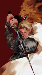  1boy a_song_of_ice_and_fire absurdres armor blonde_hair blood blood_on_armor blood_on_face fighting_stance game_of_thrones highres jaime_lannister lion male_focus stars_can_die sword weapon 