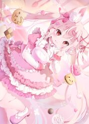  1girl :q animal_ear_fluff animal_ears baking blush bow bowl check_copyright checkerboard_cookie chef_hat chocolate cookie copyright_request cupcake dress food frilled_dress frills garlic hair_ornament hat heart heart_hair_ornament highres holding holding_bowl holding_whisk juliet_sleeves layered_sleeves lolita_fashion long_hair long_sleeves macaron mixing_bowl moco_ofuton original pantyhose pastry_bag pink_dress pink_shoes puffy_sleeves shoes short_over_long_sleeves short_sleeves socks solo sweet_lolita tail tongue tongue_out twintails twitter_username very_long_hair whisk white_pantyhose 
