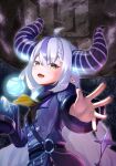  absurdres ascot black_horns braid braided_bangs chain collar grey_hair highres hololive horns la+_darknesss la+_darknesss_(1st_costume) lerk_puzz metal_collar multicolored_hair o-ring pointy_ears purple_hair sleeves_past_fingers sleeves_past_wrists streaked_hair striped_horns yellow_ascot 