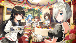  5girls anniversary apron beret black_dress black_hair black_skirt black_wrist_cuffs blue_eyes blue_hair bottle breasts brown_eyes brown_hair cake commentary_request cup donut_hair_bun double_bun dress drinking_glass elbow_gloves enmaided food gloves grey_hair hair_bun hair_ornament hair_over_one_eye hair_ribbon hairband hairclip hamakaze_(kancolle) hat highres holding holding_plate holding_spoon holding_tray indoors isasin929 isokaze_(kancolle) kantai_collection large_breasts maid maid_apron maid_headdress medium_breasts miniskirt multiple_girls neckerchief plate pleated_skirt puffy_short_sleeves puffy_sleeves red_eyes ribbon sailor_hat school_uniform serafuku short_hair short_sleeves skirt sleeves_rolled_up small_breasts smile spoon tanikaze_(kancolle) tray tress_ribbon urakaze_(kancolle) waist_apron white_apron white_gloves white_hairband white_hat wine_bottle wine_glass wrist_cuffs yellow_neckerchief yukikaze_(kancolle) 