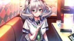  1girl amakano_2 black_ribbon blue_eyes blue_sailor_collar blush breasts cellphone chair closed_mouth cup game_cg green_neckerchief grey_hair hair_between_eyes hair_ribbon hand_up highres holding holding_microphone indoors jigokudani_sara looking_at_viewer medium_hair microphone neckerchief non-web_source official_art on_chair phone piromizu ribbon sailor_collar self-datamine short_sleeves sitting smartphone solo summer_uniform table twintails variant_set 