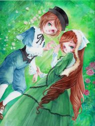  2girls absurdres brown_hair commentary_request dress flower green_eyes hat heterochromia highres lolita_fashion long_hair looking_at_viewer multiple_girls ouji_fashion painting_(medium) porkpie_hat red_eyes rose rozen_maiden sato_(osappun) short_hair shorts siblings sisters smile souseiseki suiseiseki traditional_media twins very_long_hair watercolor_(medium) 
