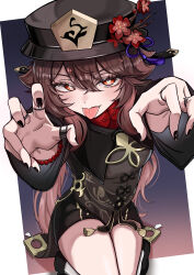  1girl :p absurdres bead_bracelet beads black_hat black_nails bracelet brown_hair chinese_clothes coattails crossed_bangs flower flower-shaped_pupils genshin_impact ghost ghost_pose hair_between_eyes hat hat_flower hat_tassel highres hu_tao_(genshin_impact) jewelry long_hair long_sleeves mochitsu_motaretsu multiple_rings outstretched_arms plum_blossoms porkpie_hat red_eyes ring shorts simple_background solo symbol-shaped_pupils tailcoat thighs tongue tongue_out twintails very_long_hair 