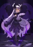  absurdres ahoge ankle_cuffs ascot aura bell black_horns braid braided_bangs coat collar fang feathers grey_hair highres hololive horns la+_darknesss la+_darknesss_(1st_costume) lerk_puzz metal_collar multicolored_hair pointy_ears purple_coat purple_hair purple_thighhighs sleeves_past_fingers sleeves_past_wrists standing streaked_hair striped_horns thigh-highs virtual_youtuber yellow_ascot yellow_eyes 