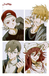  1girl 3boys 77ho backwards_hat baseball_cap bead_necklace beads beanie black_choker black_hair black_jacket black_shirt blonde_hair blue_eyes brown_hair chain chain_necklace choker closed_mouth ear_piercing earrings enjin_(gachiakuta) finger_heart gachiakuta gloves green_eyes grey_hair grey_jacket grin hair_between_eyes hand_up hat highres hood jacket jewelry long_hair looking_at_viewer middle_finger multicolored_hair multiple_boys multiple_rings multiple_views neck_tattoo necklace open_clothes open_mouth piercing red_eyes red_hair ring riyo_reaper rudo_surebrec shirt short_hair simple_background single_earring sleeveless smile tassel tassel_earrings tattoo teeth tongue two-tone_hair undercut upper_body v white_background white_hair white_shirt yellow_eyes zanka_nijiku 
