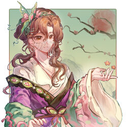  aqua_background border branch brown_eyes brown_hair butterfly_hair_ornament chinese_commentary commentary_request face_chain flower gaoji_xianggujiang hair_ornament hand_up highres long_hair looking_at_flowers official_alternate_costume outside_border pink_flower purple_hanfu reverse:1999 tooth_fairy_(reverse:1999) white_border wide_sleeves 