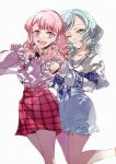  2girls absurdres aqua_hair bang_dream! denim denim_skirt green_eyes grin highres hikawa_hina jewelry junjun_(kimi-la) long_hair looking_at_viewer maruyama_aya medium_hair multiple_girls necklace one_eye_closed pink_eyes pink_hair pink_skirt plaid plaid_skirt shawl shirt skirt smile white_shawl white_shirt 