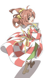  1girl bell book boots brown_boots checkered_clothes checkered_kimono commentary_request full_body gyouza_(mhea5724) hair_bell hair_ornament highres holding holding_book japanese_clothes jingle_bell kimono long_sleeves looking_at_viewer medium_hair motoori_kosuzu open_mouth orange_eyes smile solo touhou two_side_up wide_sleeves 