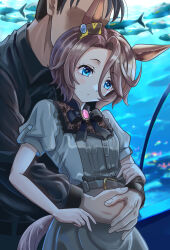  1boy 1girl absurdres alternate_costume animal_ears aquarium black_bow black_hair black_shirt blue_eyes blue_pants bow brown_hair collared_shirt commentary_request dress faceless faceless_male grey_dress hair_between_eyes highres horse_ears horse_girl horse_tail hug hug_from_behind long_sleeves narita_taishin_(umamusume) pants shikibara_fukka shirt short_hair short_sleeves tail trainer_(umamusume) umamusume 