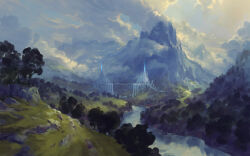  absurdres bridge bush clouds cloudy_sky commentary day english_commentary highres hill landscape mountain original painterly painting_(medium) philipp_urlich river scenery sky tower traditional_media valley water white_sky 