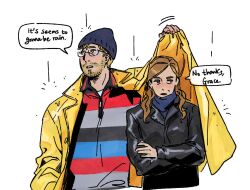  1boy 1girl blonde_hair blush brown_hair chocytd commentary_request english_text eva_stratt hat korean_commentary project_hail_mary rain raincoat ryland_grace tall_male yellow_raincoat 