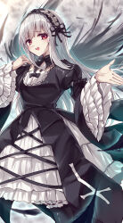  1girl absurdres black_dress dress hairband highres kanzakietc layered_dress lolita_hairband long_hair looking_at_viewer raised_inner_eyebrows red_eyes rozen_maiden smile solo suigintou white_hair wide_sleeves 