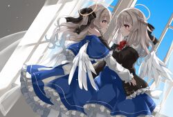  2girls angel black_bow black_jacket blue_capelet blue_skirt blue_sky blush bow bowtie braid capelet closed_mouth commentary_request couple cowboy_shot day eye_contact feathered_wings floating_hair frilled_capelet frilled_jacket frilled_sleeves frills from_side grey_hair hair_bow half_up_braid halo highres indoors jacket long_hair long_sleeves looking_at_another multiple_girls nanatuki13 open_window original pantyhose parted_lips petticoat profile red_bow red_bowtie red_eyes shirt side_braid skirt sky smile standing straight_hair traditional_halo white_pantyhose white_shirt white_wings window wings yuri 
