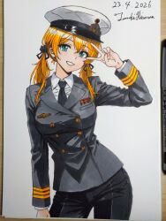  1girl alternate_costume anchor_hair_ornament art_tools_in_frame artist_name black_jacket black_necktie black_pants blonde_hair breasts buttons collared_shirt commentary_request dated deutsche_marine double-breasted green_eyes hair_ornament hat highres hisama_tomoki jacket kantai_collection large_breasts long_hair long_sleeves looking_at_viewer low_twintails marker_(medium) military_dress_uniform military_hat military_rank_insignia military_uniform naval_dress_uniform naval_uniform necktie one-hour_drawing_challenge pants peaked_cap prinz_eugen_(kancolle) ribbon_bar shirt simple_background smile solo traditional_media twintails v white_background white_shirt 
